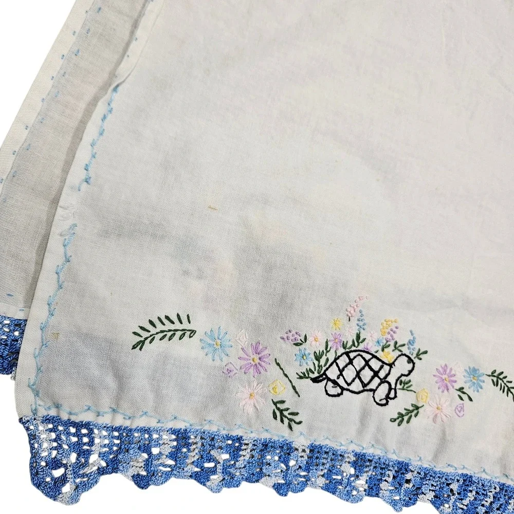 Embroidered Cotton Hand Towels Set of 2 Turtle Humpty Dumpty Pink Blue Lace Trim